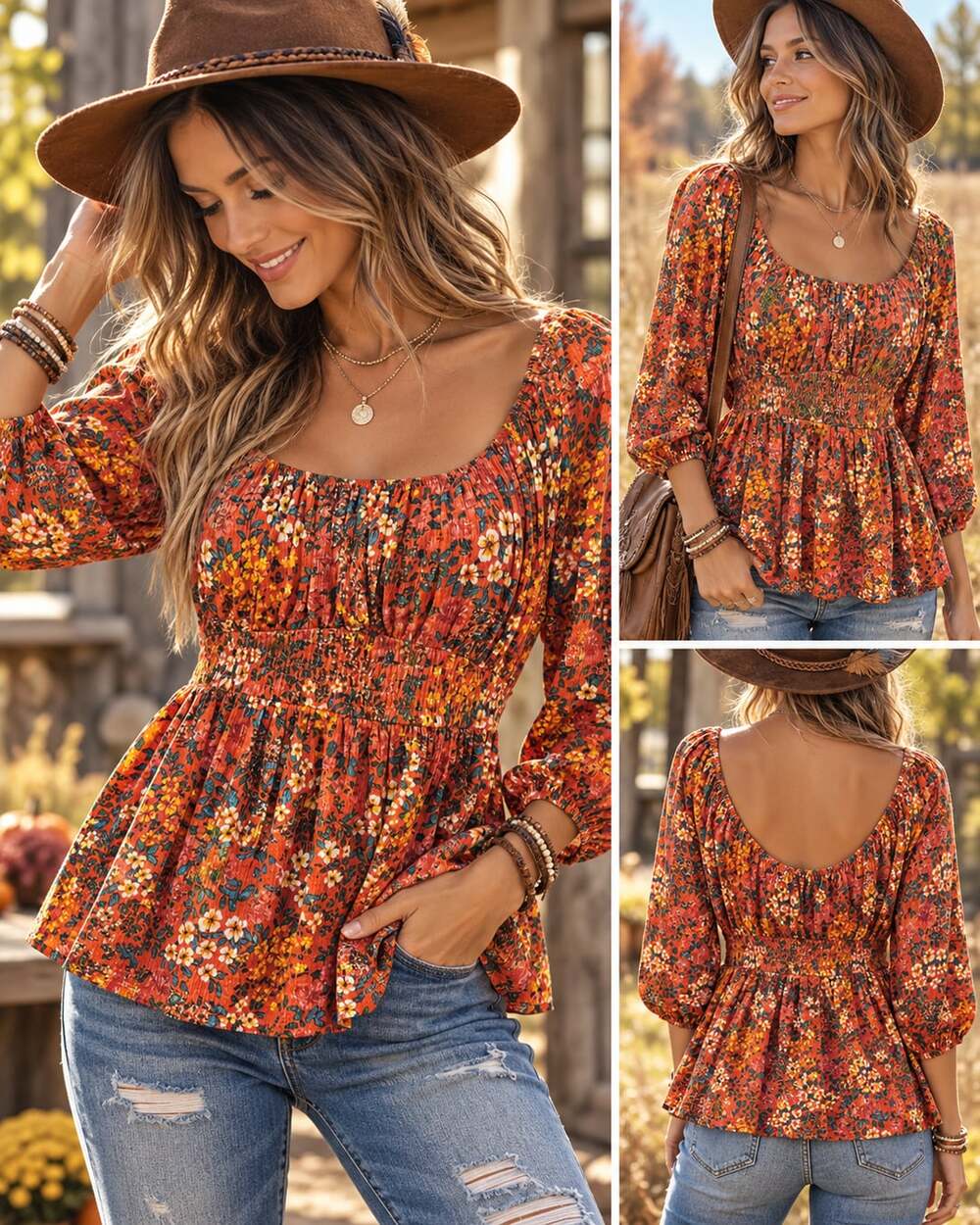 Torrid Romantic Top Size 0 Orange Floral Smocked Peasant Blouse